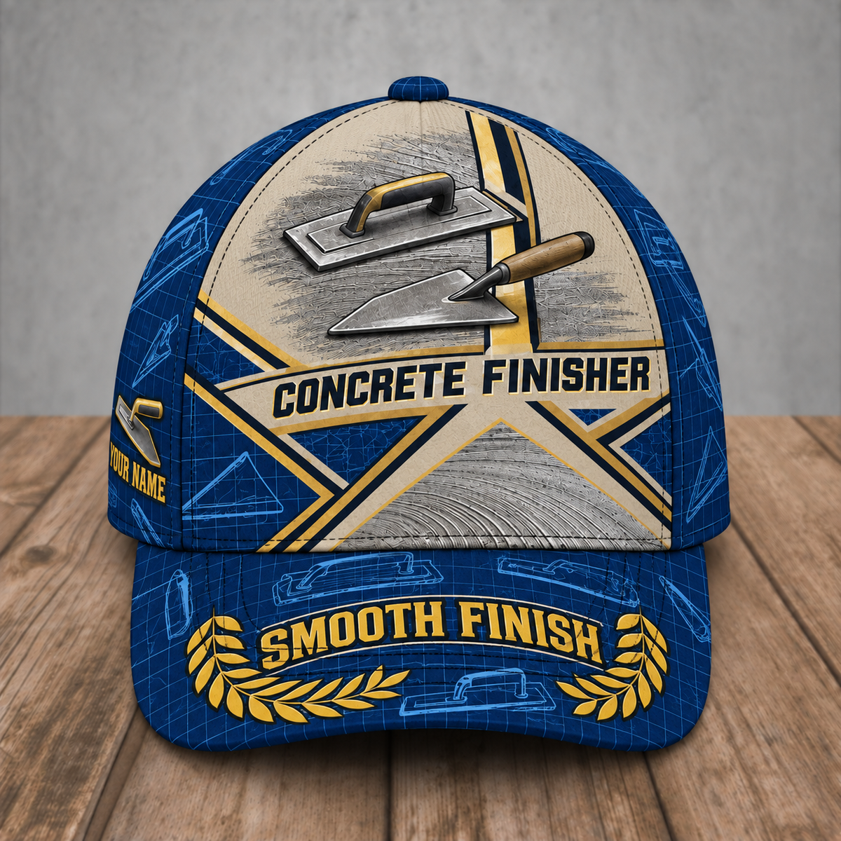 Personalized Concrete Finisher Blueprint Geometry baseball cap, front view with custom name