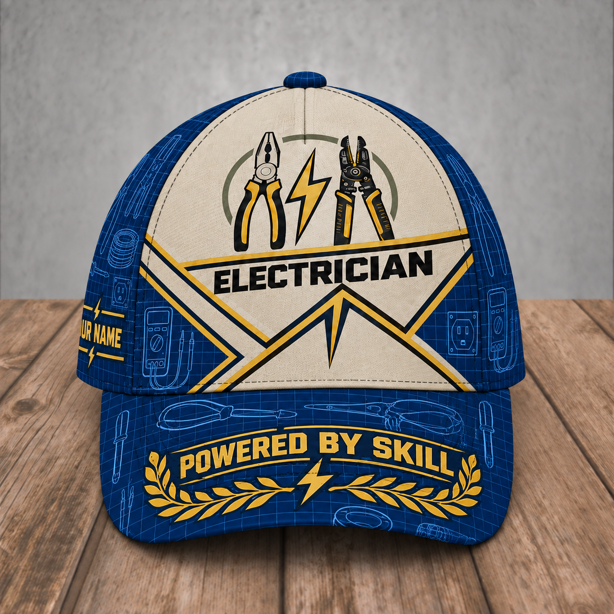 Personalized Electrician Blueprint Geometry baseball cap, front view with custom name