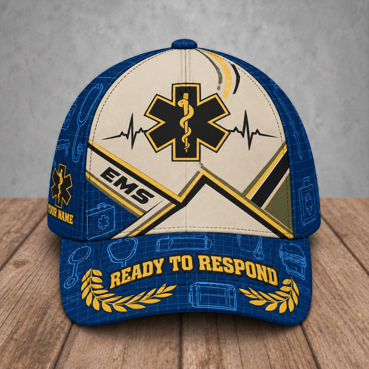 Personalized EMS Blueprint Geometry baseball cap, front view with custom name