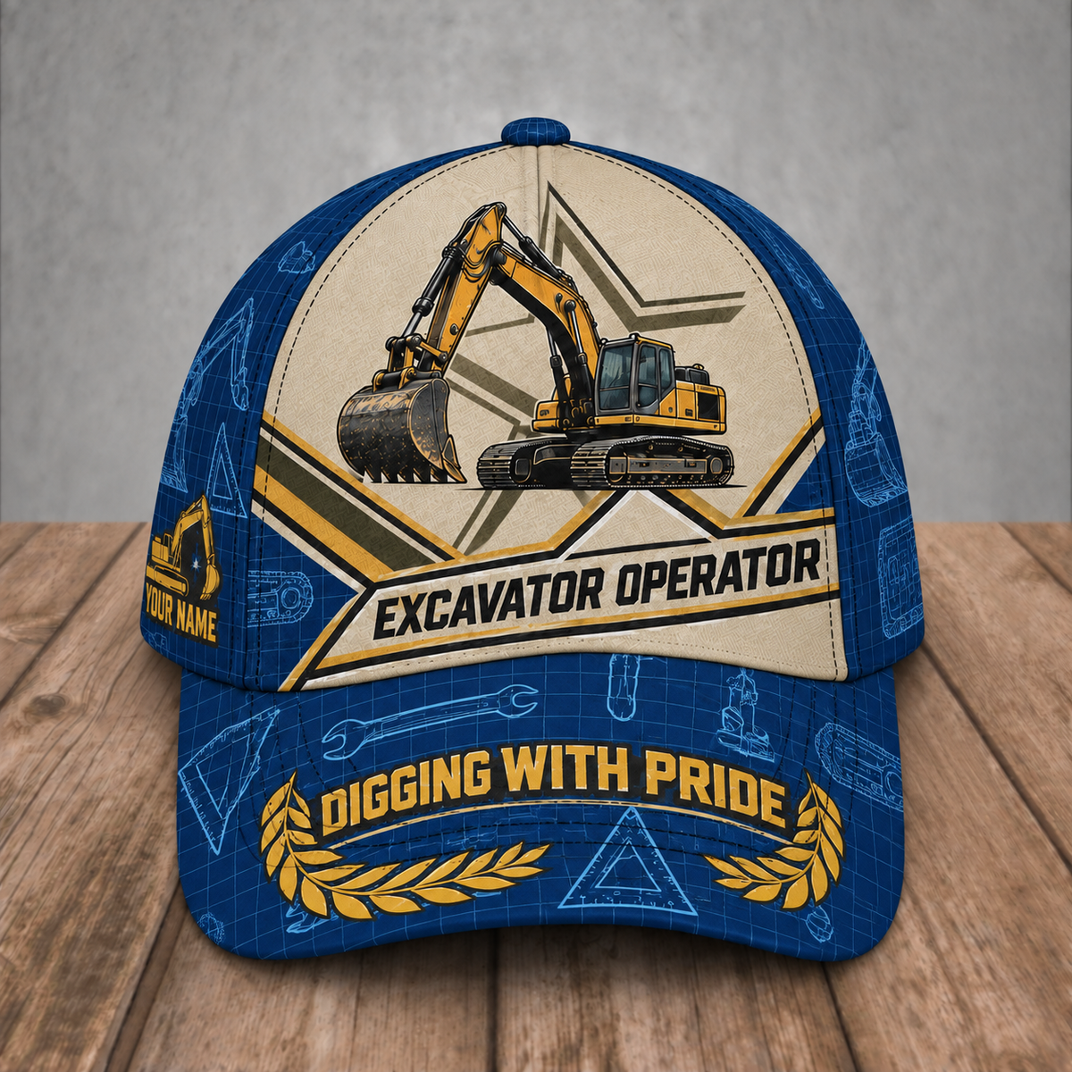 Personalized Excavator Operator Blueprint Geometry baseball cap, front view with custom name