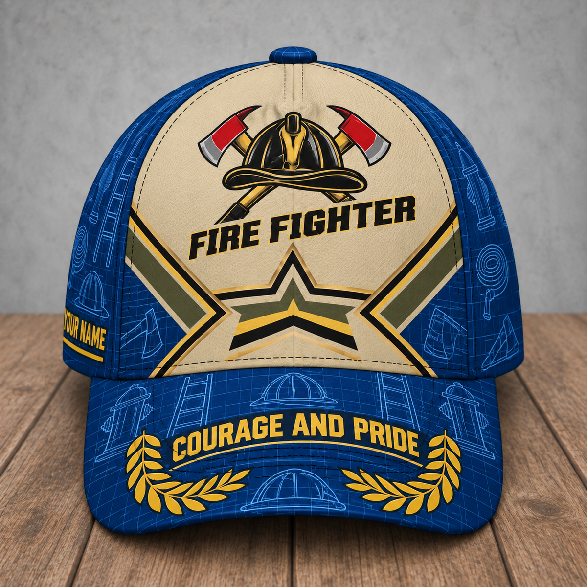 Personalized Fire Fighter Blueprint Geometry baseball cap, front view with custom name