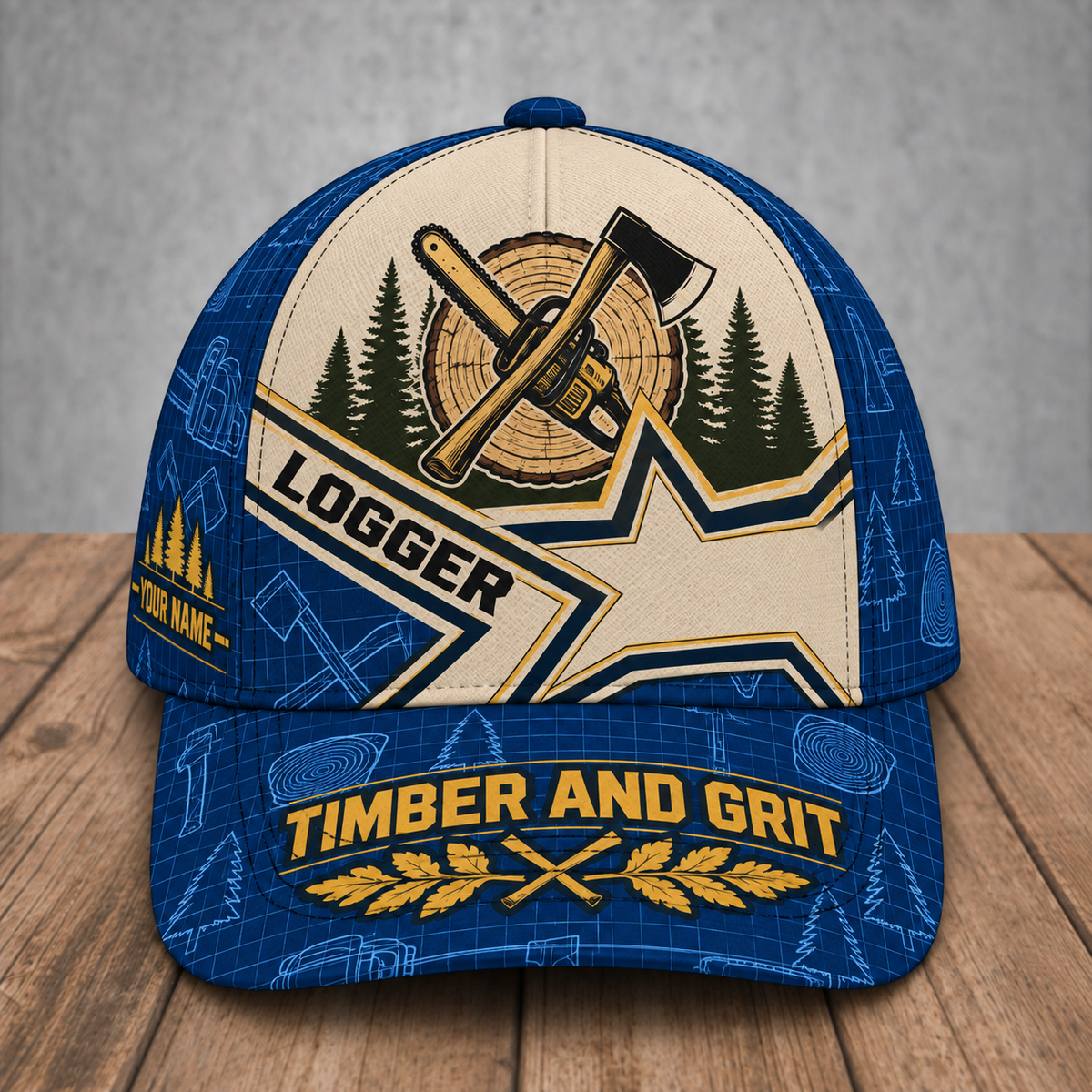 Personalized Logger Blueprint Geometry baseball cap, front view with custom name