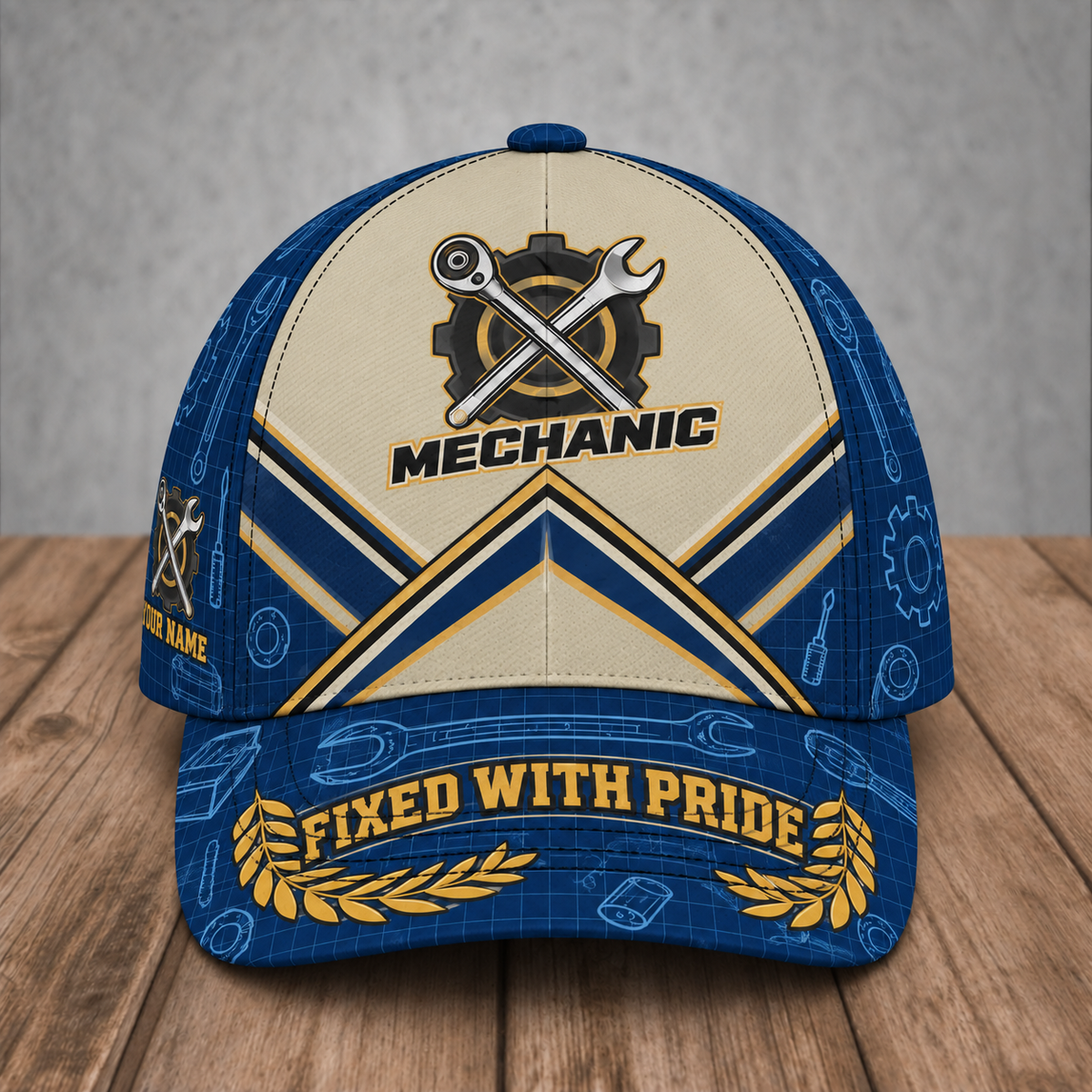 Personalized Mechanic Blueprint Geometry baseball cap, front view with custom name