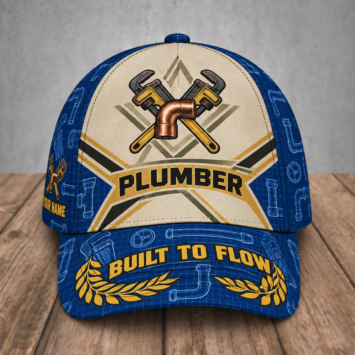 Personalized Plumber Blueprint Geometry baseball cap, front view with custom name