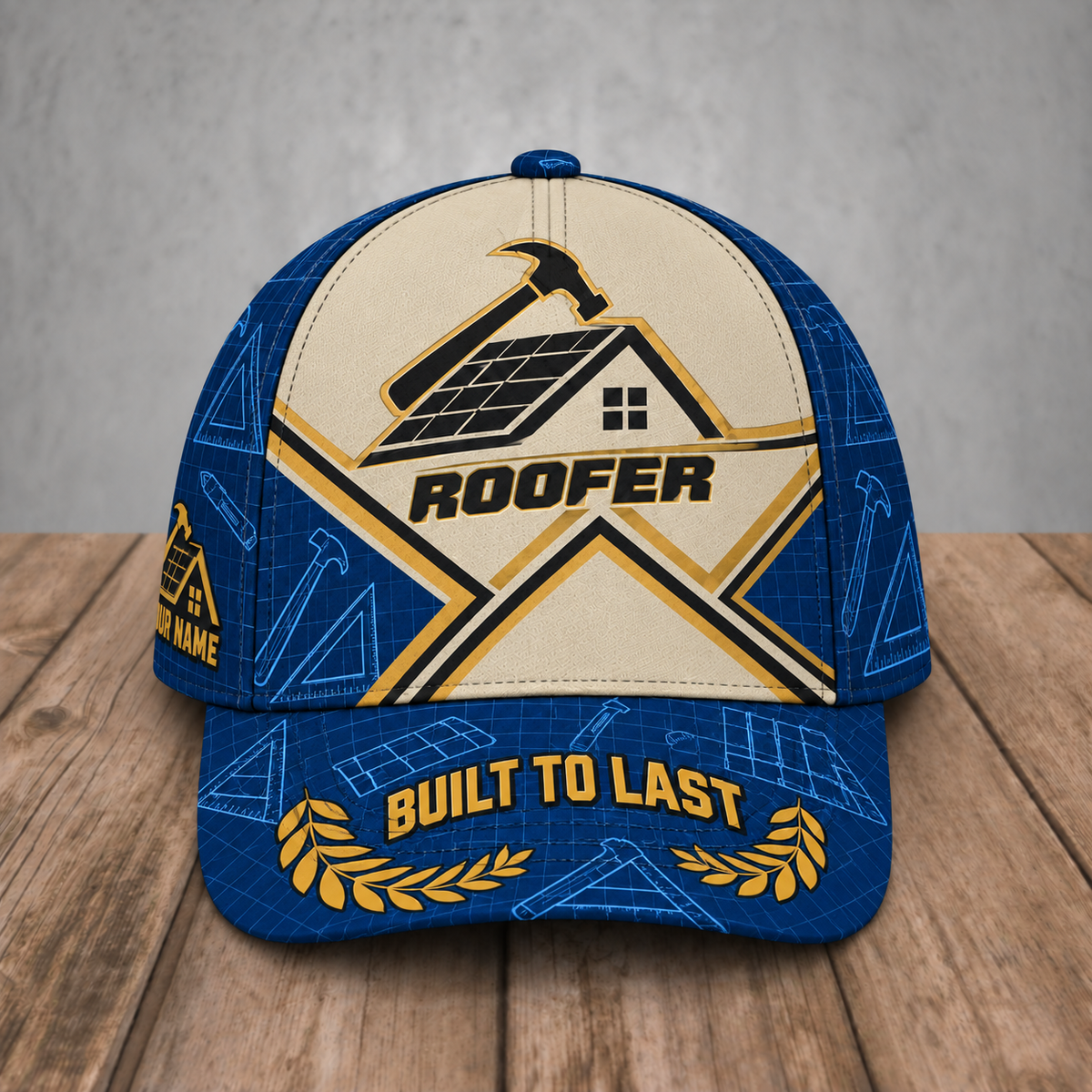 Personalized Roofer Blueprint Geometry baseball cap, front view with custom name