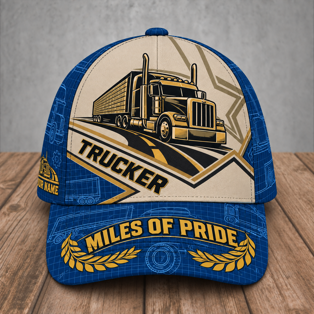 Personalized Trucker Blueprint Geometry baseball cap, front view with custom name