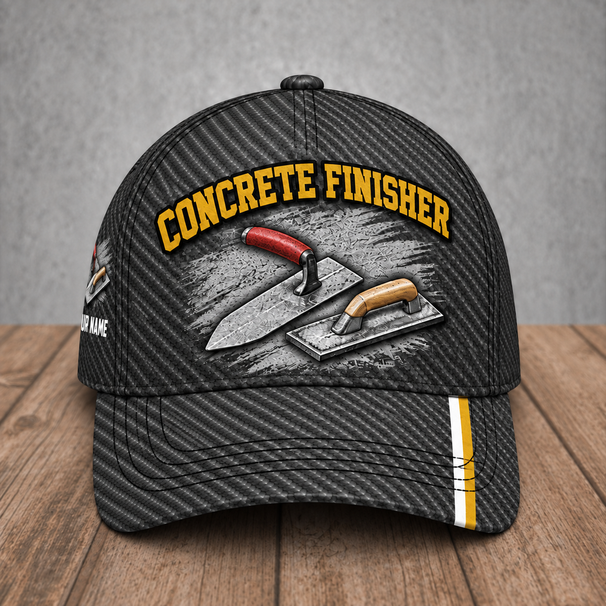 Personalized Concrete Finisher Carbon Stripe baseball cap, front view with custom name