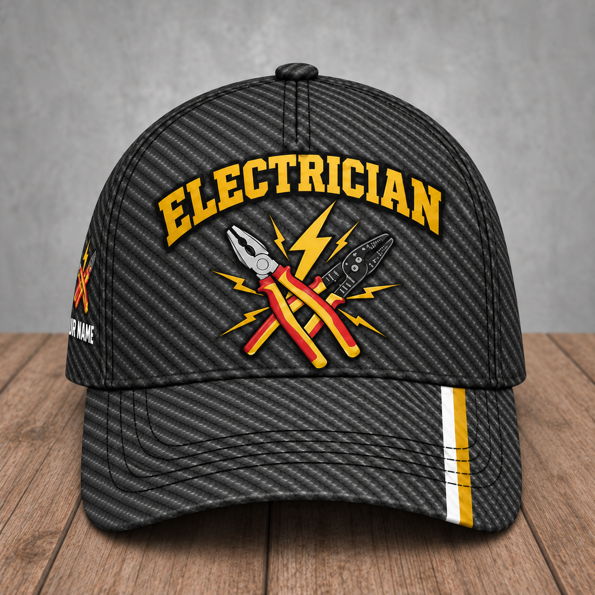 Personalized Electrician Carbon Stripe baseball cap, front view with custom name