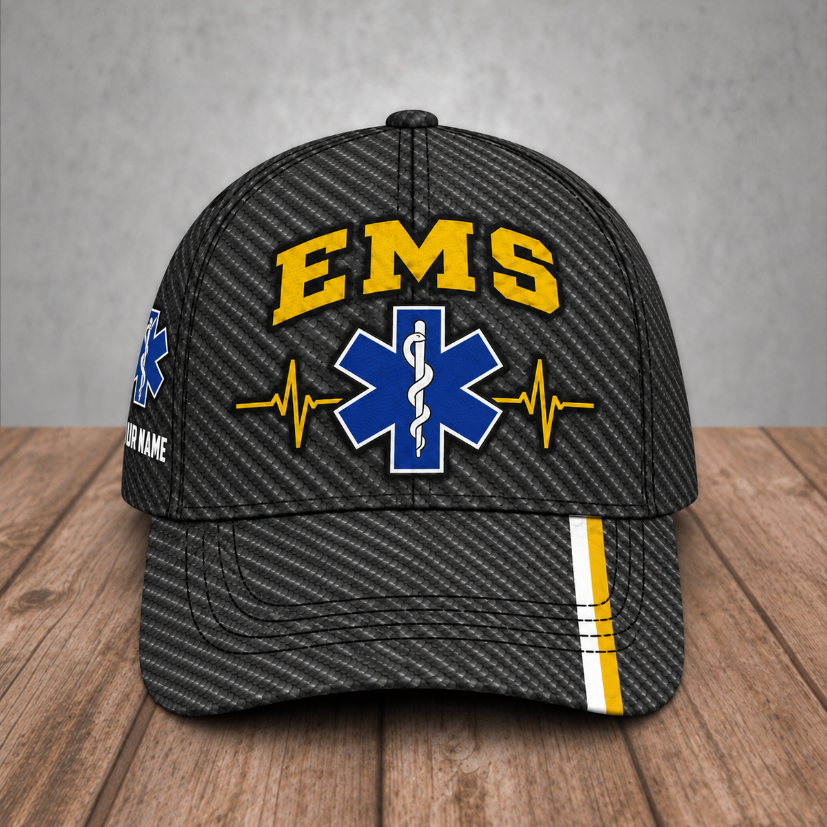 Personalized EMS Carbon Stripe baseball cap, front view with custom name