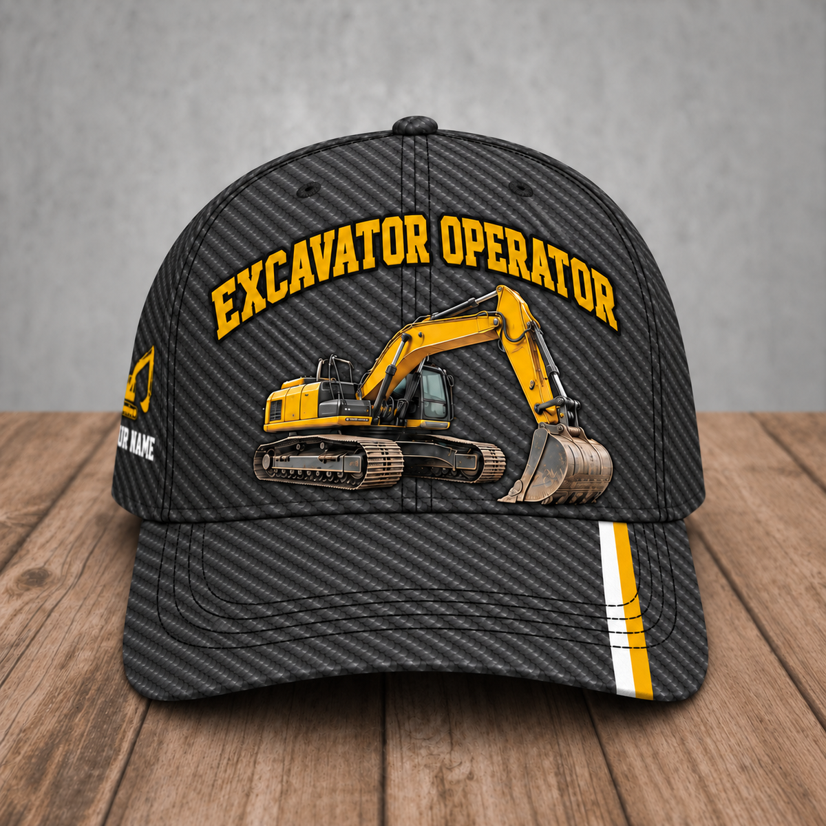 Personalized Excavator Operator Carbon Stripe baseball cap, front view with custom name