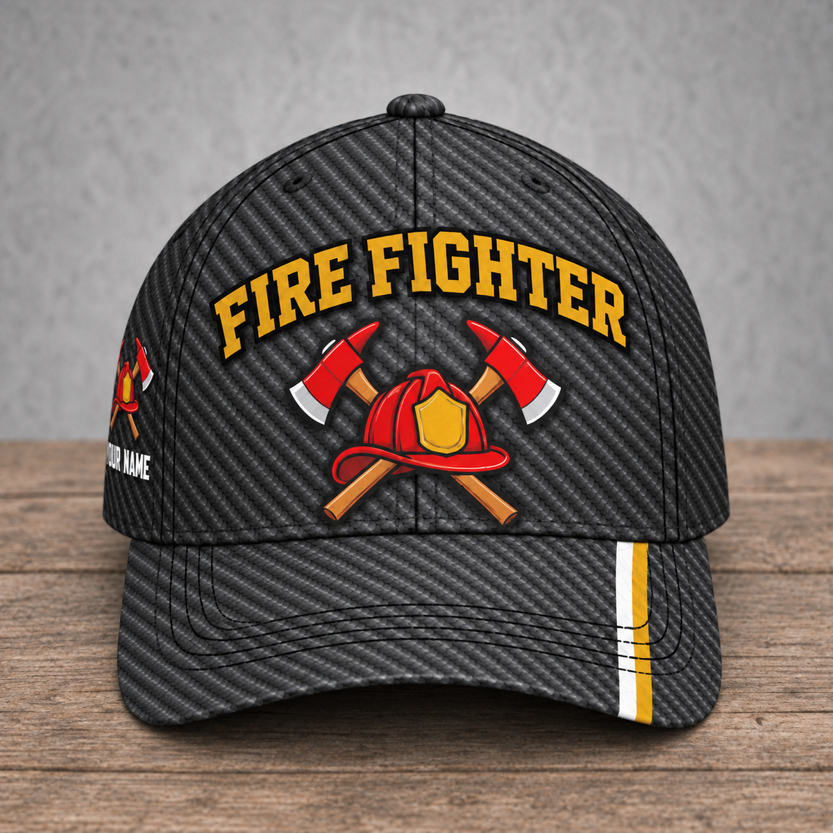 Personalized Fire Fighter Carbon Stripe baseball cap, front view with custom name