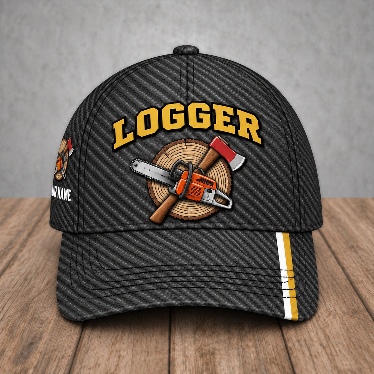 Personalized Logger Carbon Stripe baseball cap, front view with custom name