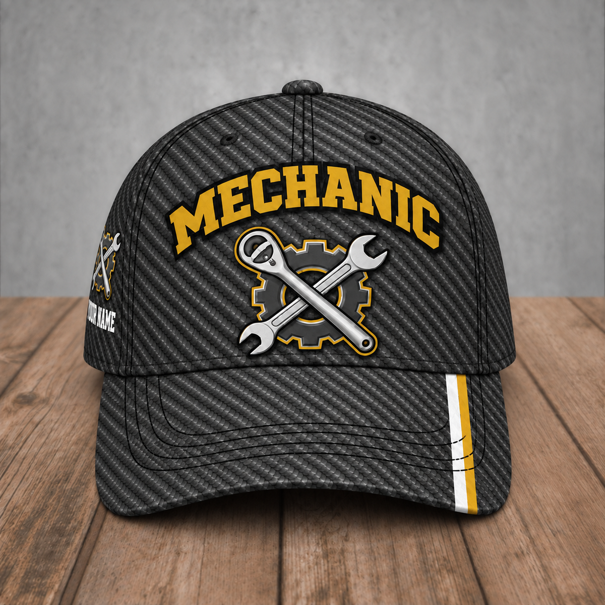 Personalized Mechanic Carbon Stripe baseball cap, front view with custom name