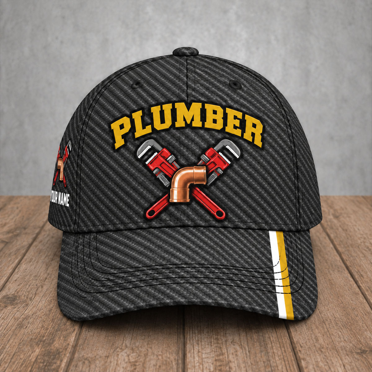 Personalized Plumber Carbon Stripe baseball cap, front view with custom name