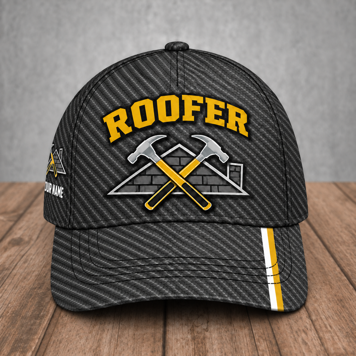 Personalized Roofer Carbon Stripe baseball cap, front view with custom name