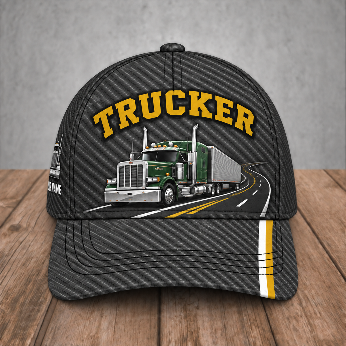 Personalized Trucker Carbon Stripe baseball cap, front view with custom name