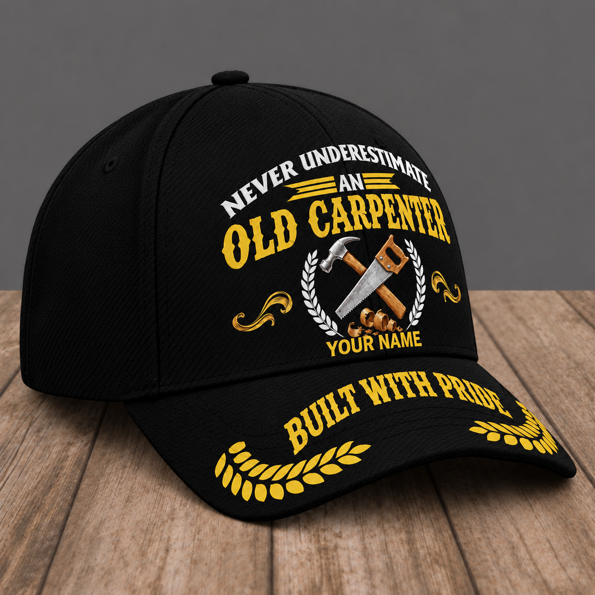 Personalized Carpenter Never Underestimate baseball cap, three-quarter view with custom name