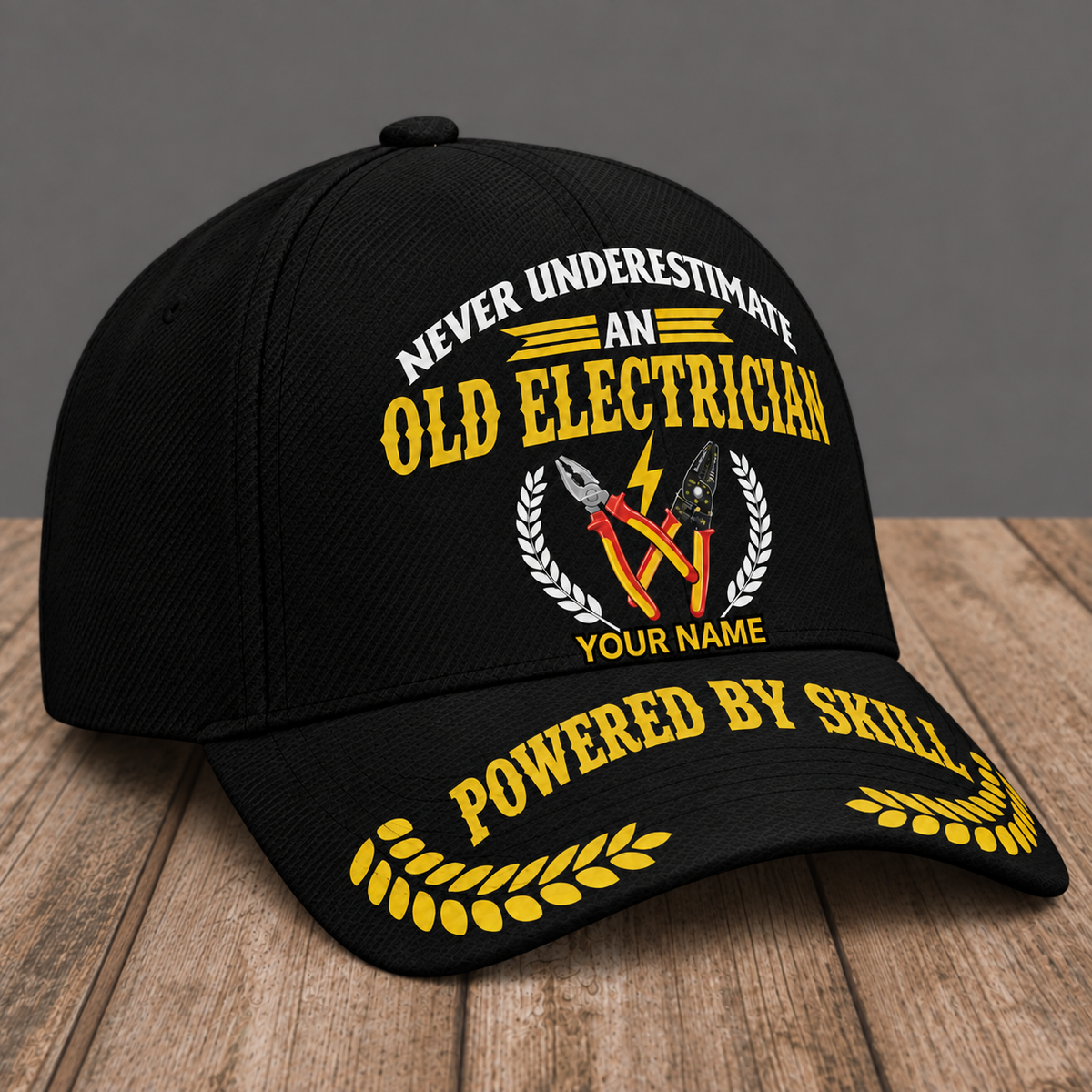 Personalized Electrician Never Underestimate baseball cap, three-quarter view with custom name