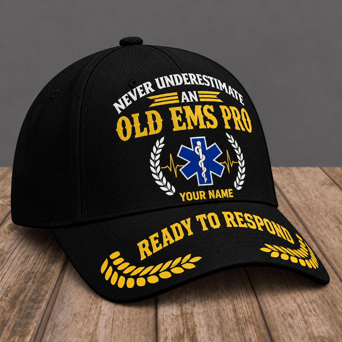 Personalized EMS Never Underestimate baseball cap, three-quarter view with custom name