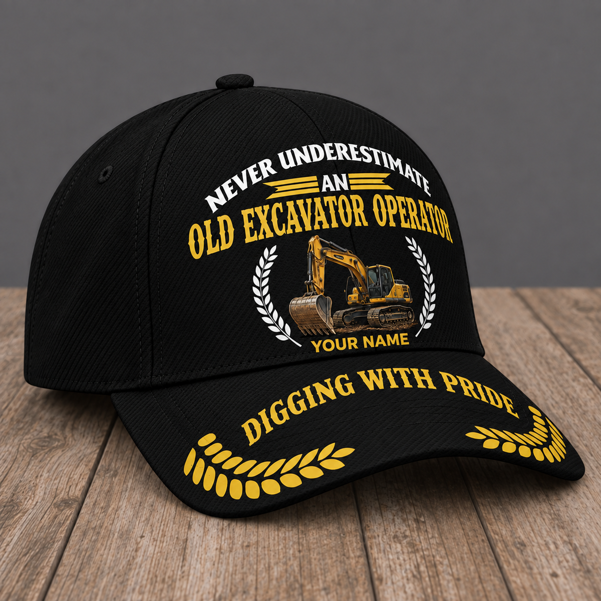 Personalized Excavator Operator Never Underestimate baseball cap, three-quarter view with custom name