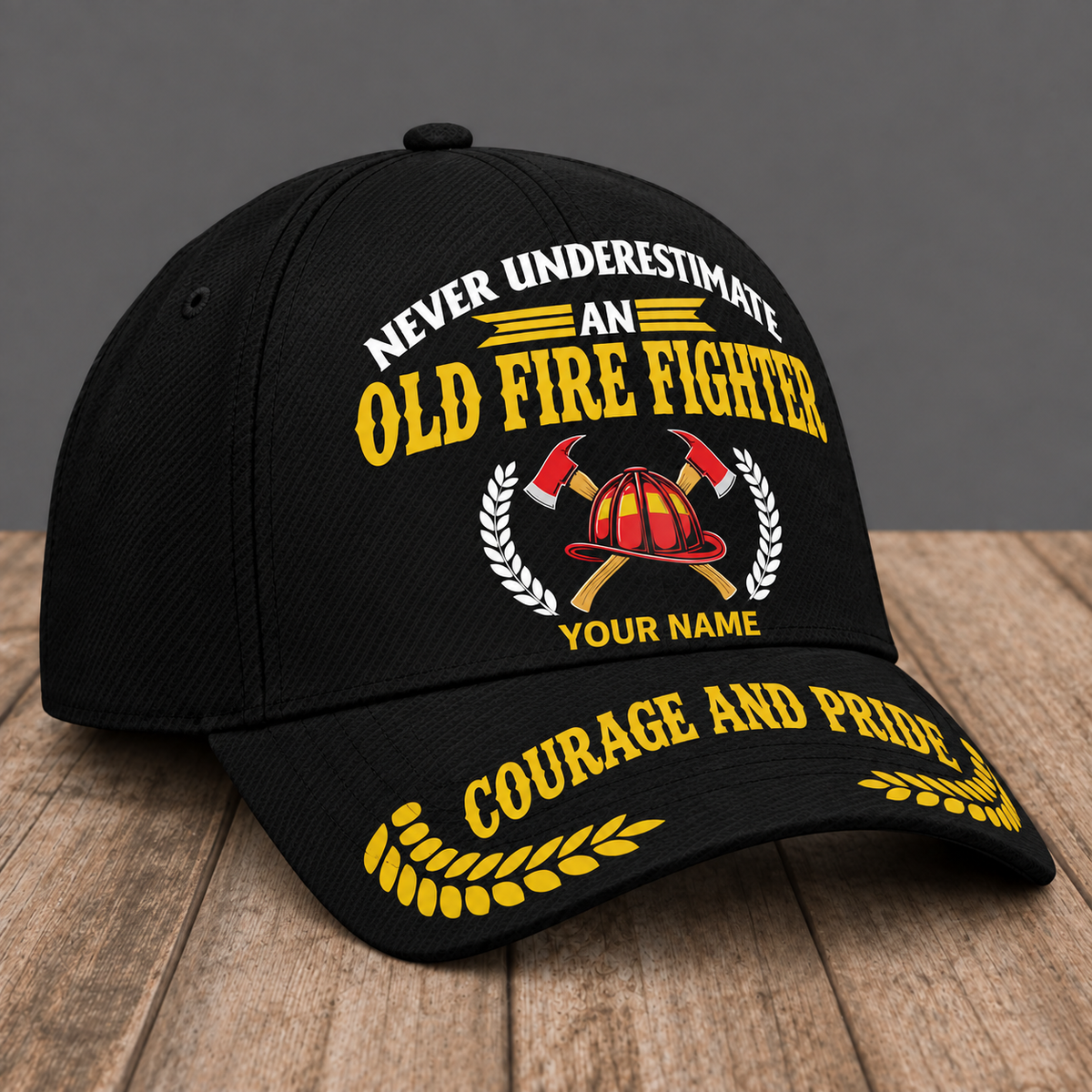 Personalized Fire Fighter Never Underestimate baseball cap, three-quarter view with custom name