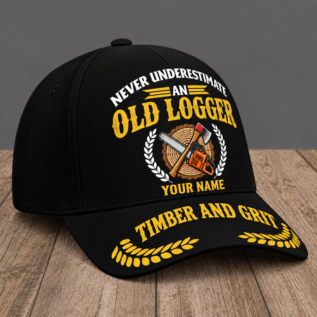 Personalized Logger Never Underestimate baseball cap, three-quarter view with custom name