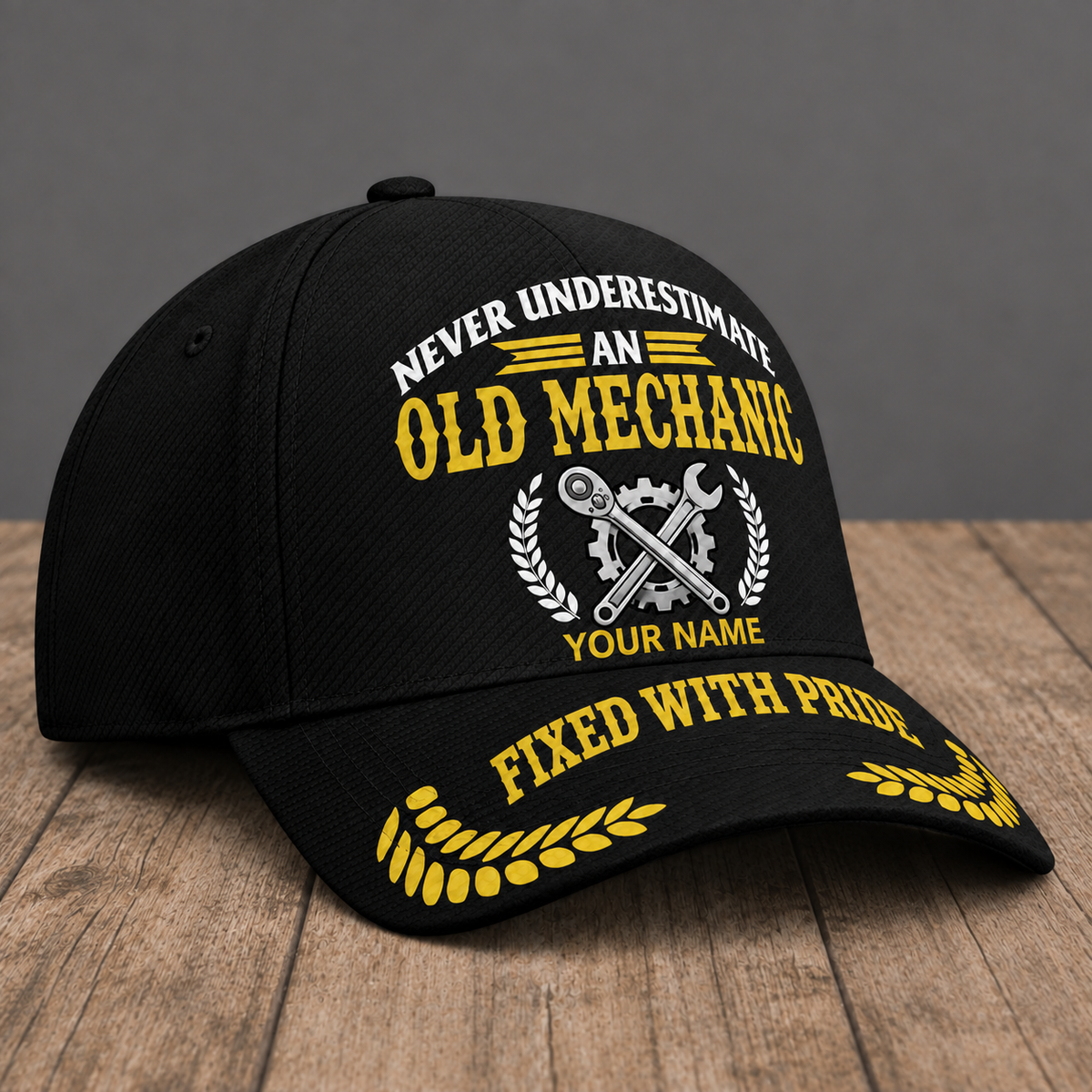 Personalized Mechanic Never Underestimate baseball cap, three-quarter view with custom name