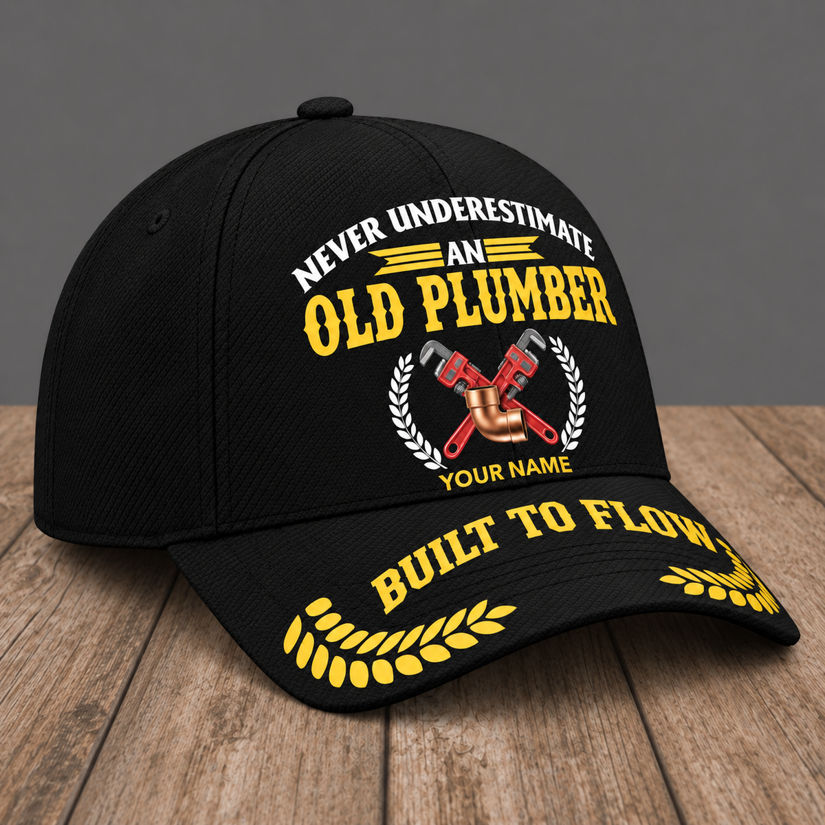 Personalized Plumber Never Underestimate baseball cap, three-quarter view with custom name