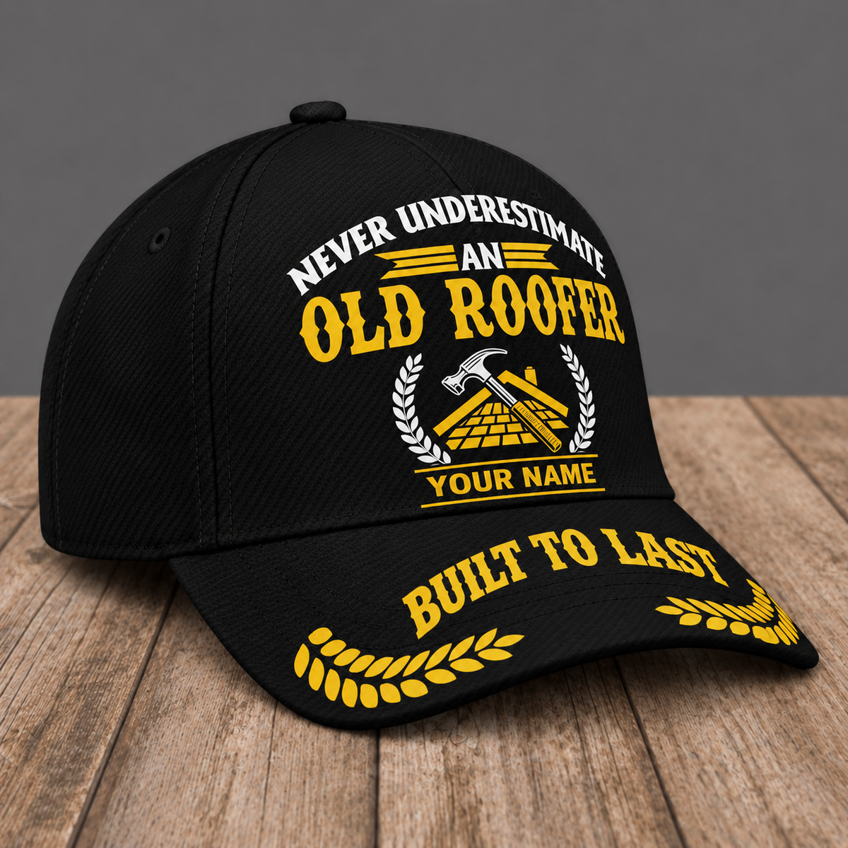 Personalized Roofer Never Underestimate baseball cap, three-quarter view with custom name