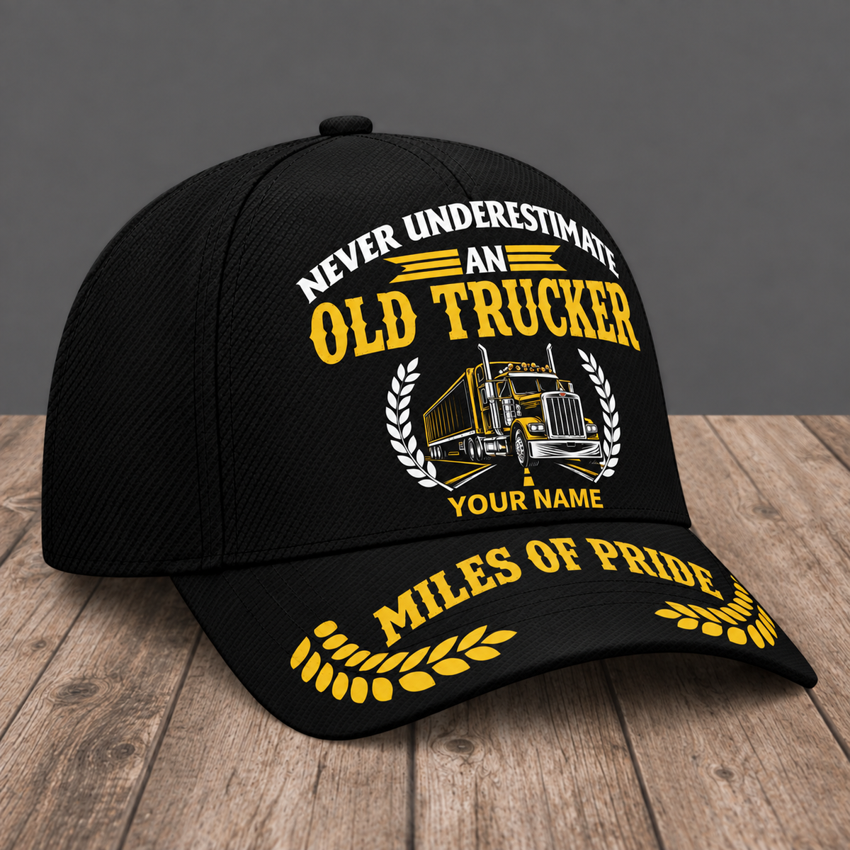 Personalized Trucker Never Underestimate baseball cap, three-quarter view with custom name