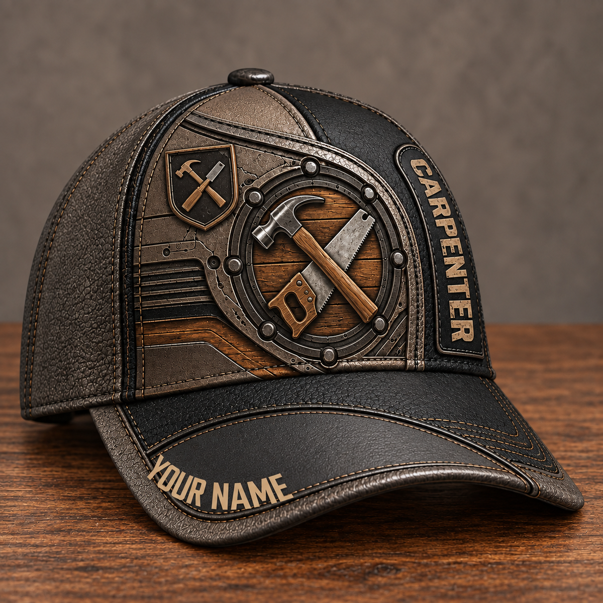 Personalized Carpenter Industrial Steel baseball cap, three-quarter view with custom name