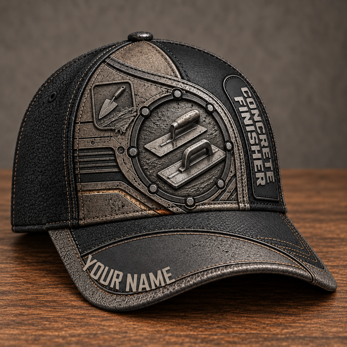 Personalized Concrete Finisher Industrial Steel baseball cap, three-quarter view with custom name
