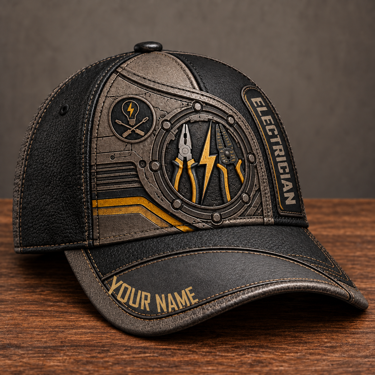 Personalized Electrician Industrial Steel baseball cap, three-quarter view with custom name