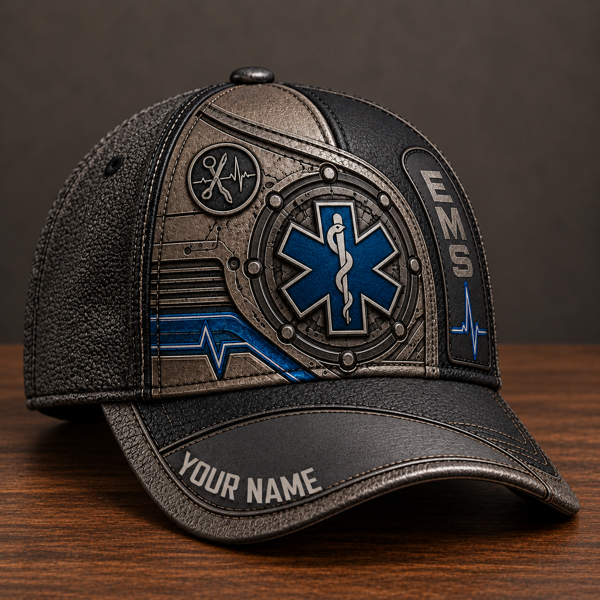 Personalized EMS Industrial Steel baseball cap, three-quarter view with custom name
