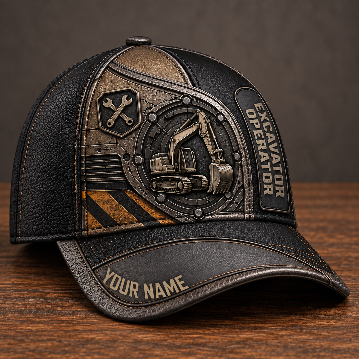 Personalized Excavator Operator Industrial Steel baseball cap, three-quarter view with custom name