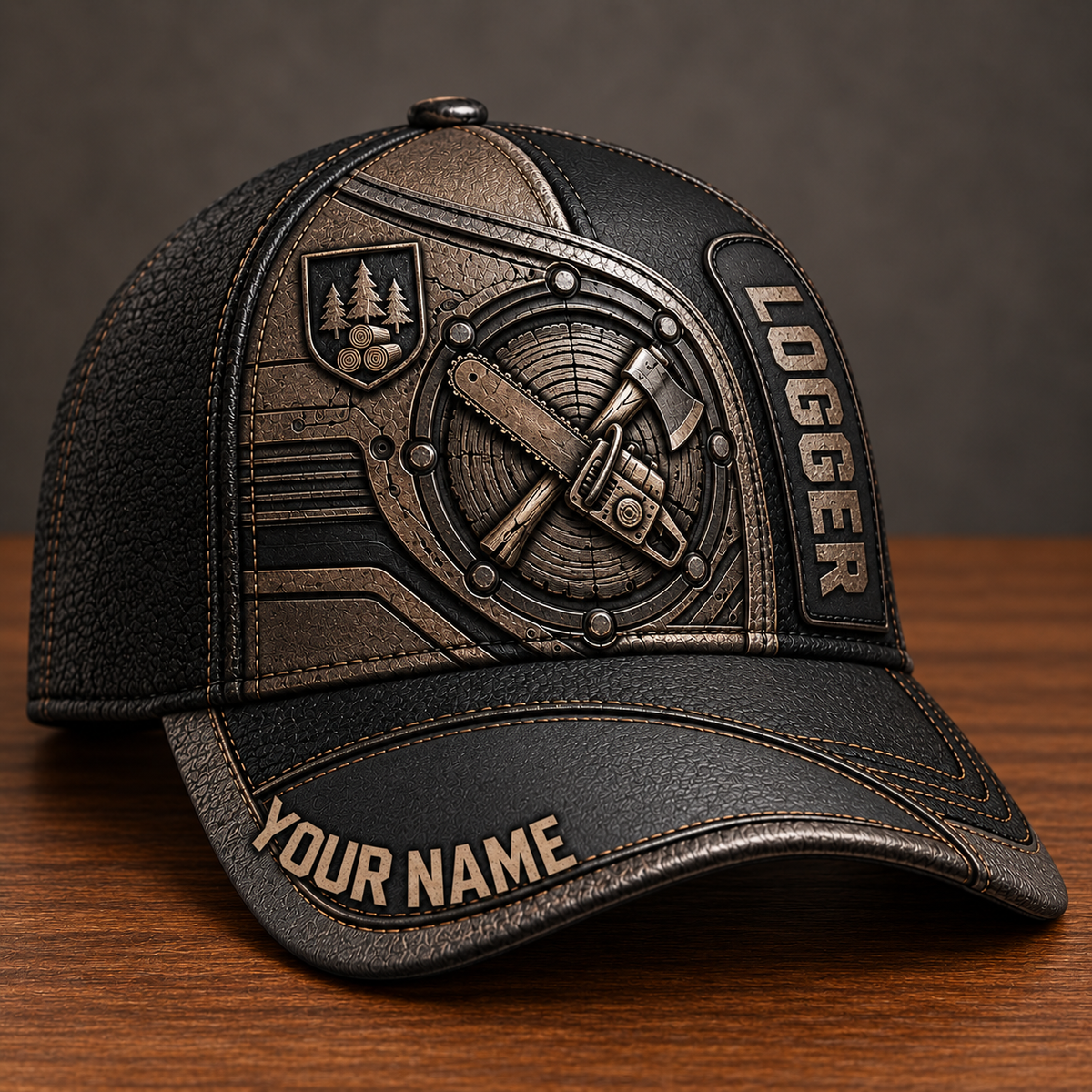 Personalized Logger Industrial Steel baseball cap, three-quarter view with custom name