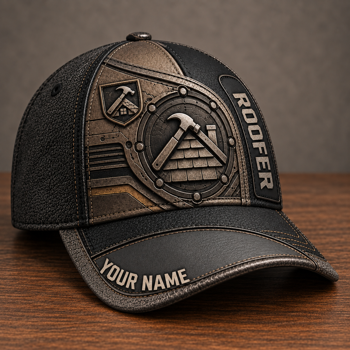 Personalized Roofer Industrial Steel baseball cap, three-quarter view with custom name