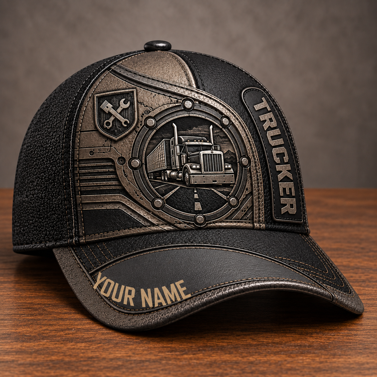 Personalized Trucker Industrial Steel baseball cap, three-quarter view with custom name