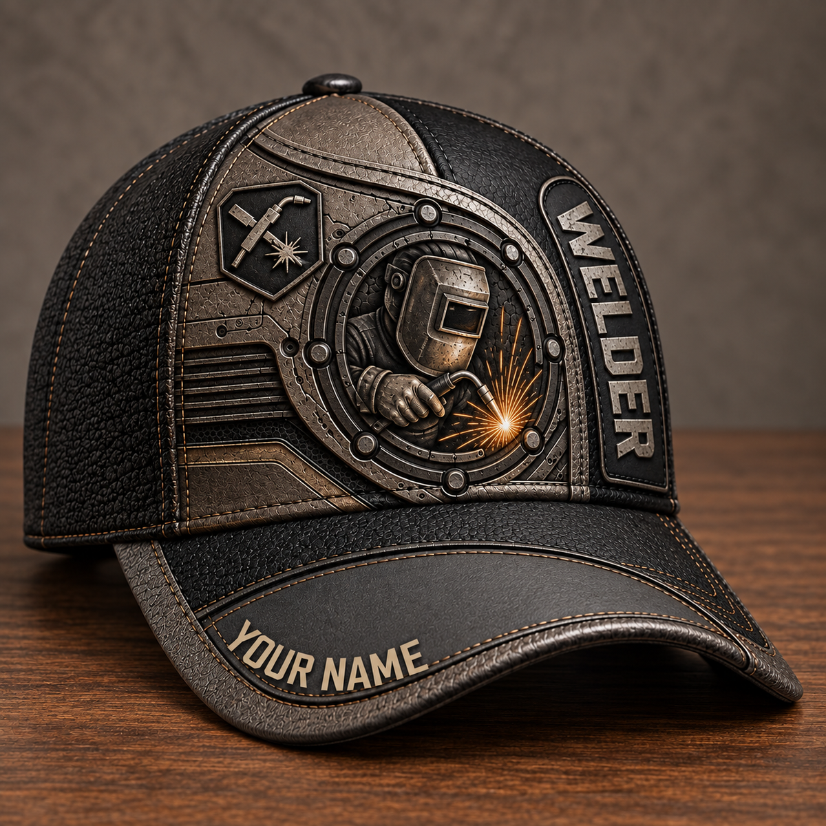 Personalized Welder Industrial Steel baseball cap, three-quarter view with custom name