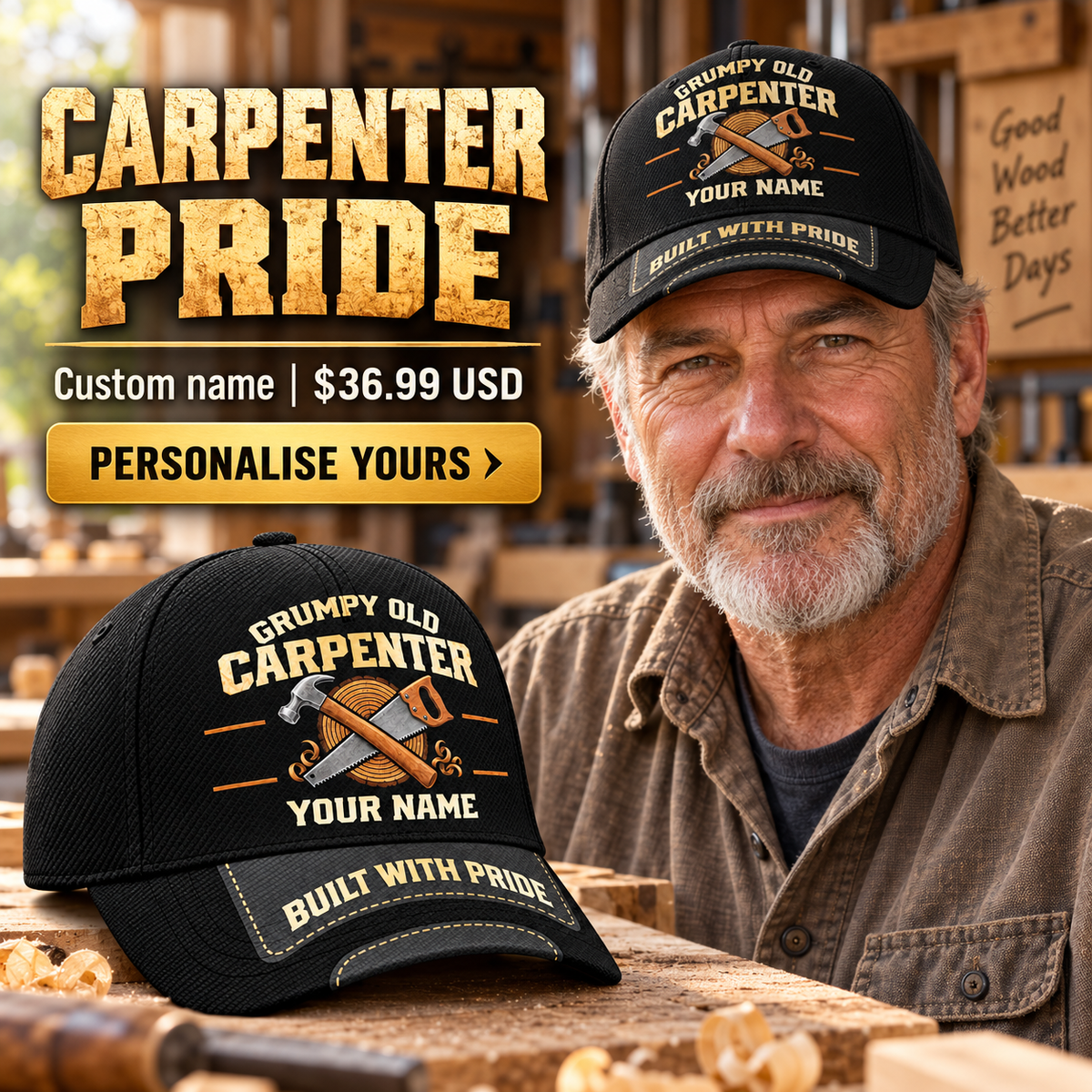 Carpenter wearing a personalized Grumpy Old baseball cap with custom name