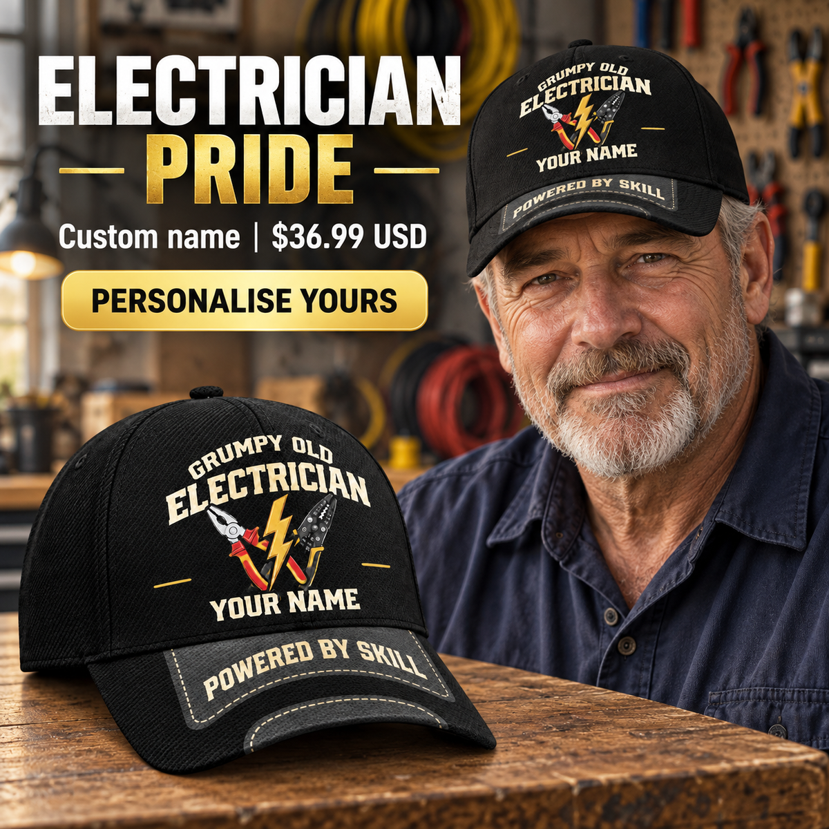 Electrician wearing a personalized Grumpy Old baseball cap with custom name