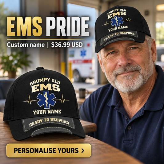 EMS wearing a personalized Grumpy Old baseball cap with custom name