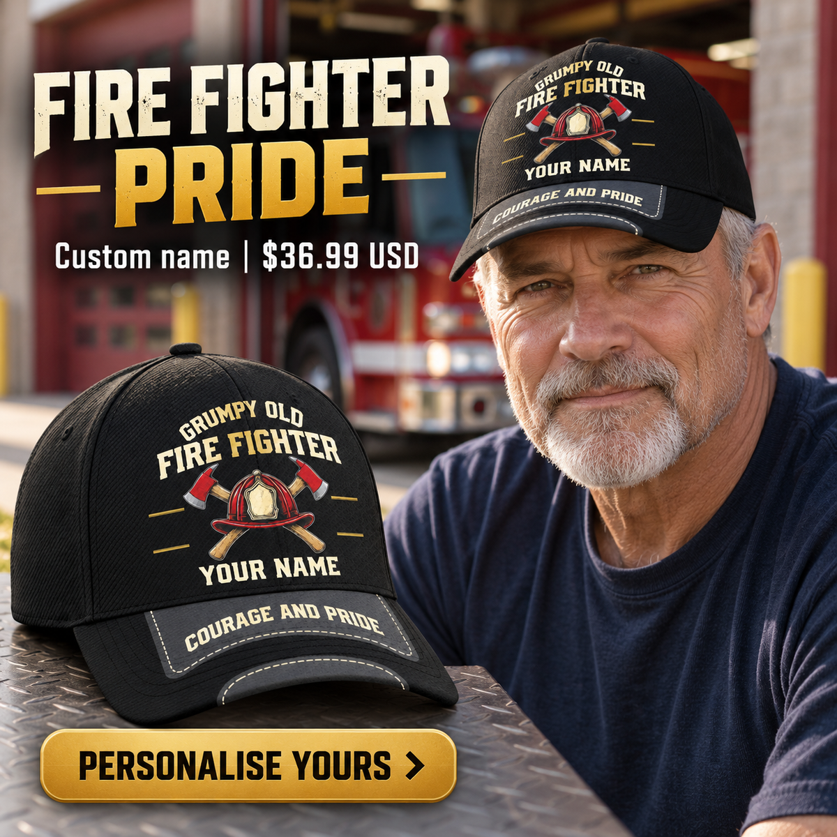 Fire Fighter wearing a personalized Grumpy Old baseball cap with custom name
