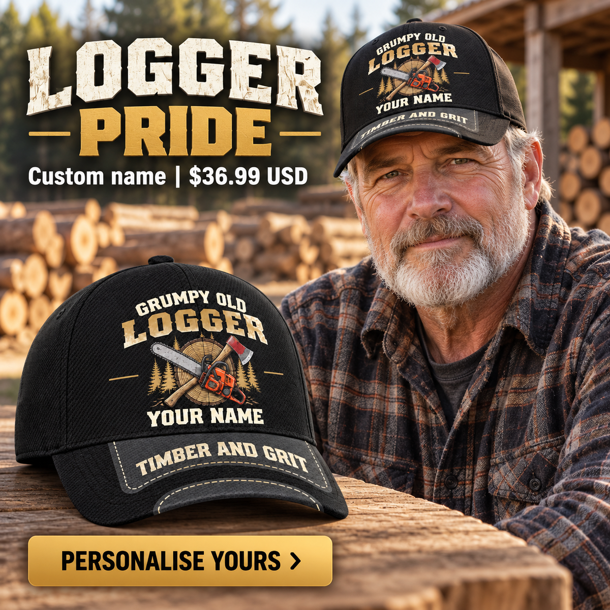Logger wearing a personalized Grumpy Old baseball cap with custom name