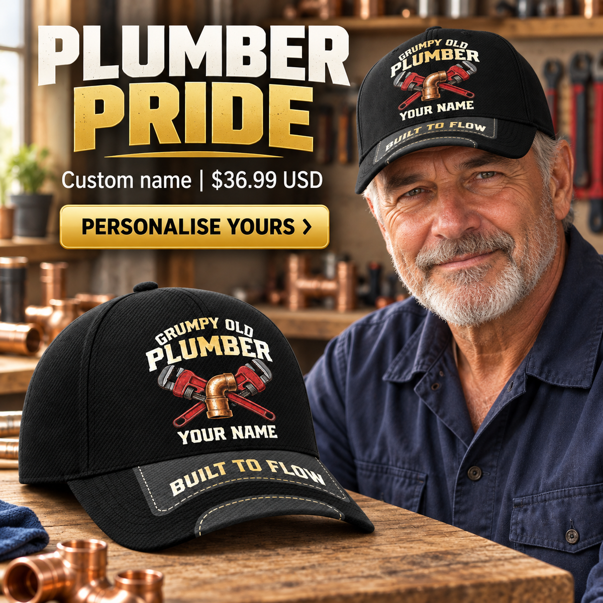 Plumber wearing a personalized Grumpy Old baseball cap with custom name