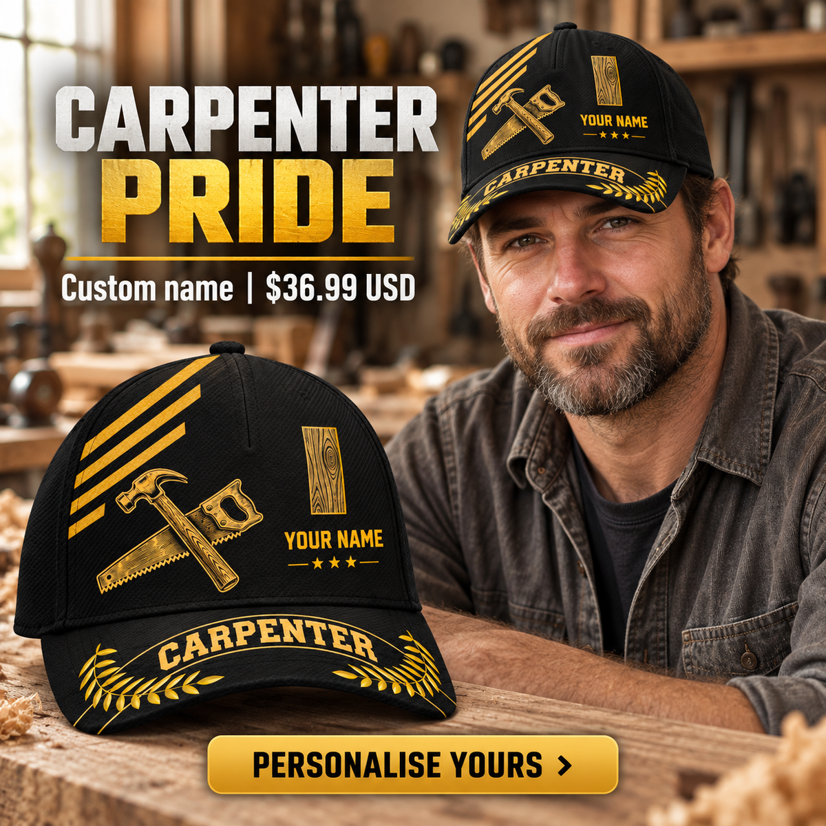 Carpenter wearing a personalized Asymmetric Gold baseball cap with custom name