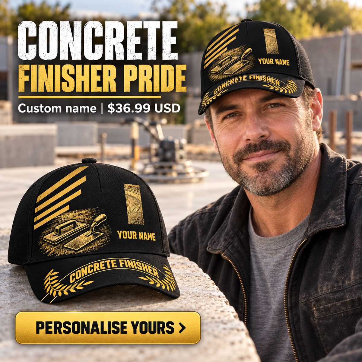 Concrete Finisher wearing a personalized Asymmetric Gold baseball cap with custom name