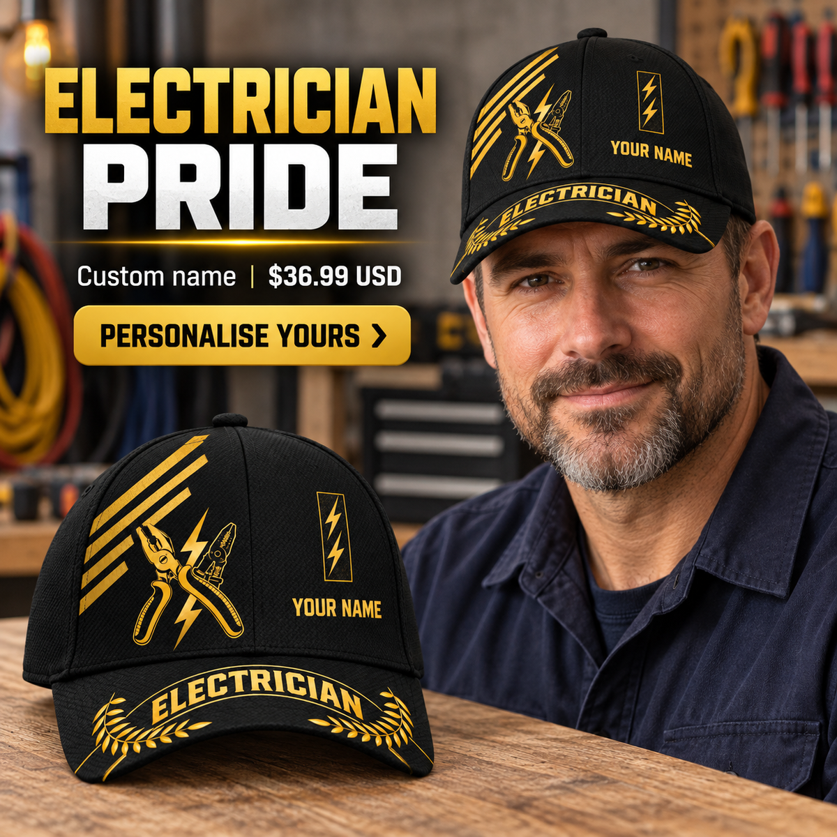 Electrician wearing a personalized Asymmetric Gold baseball cap with custom name