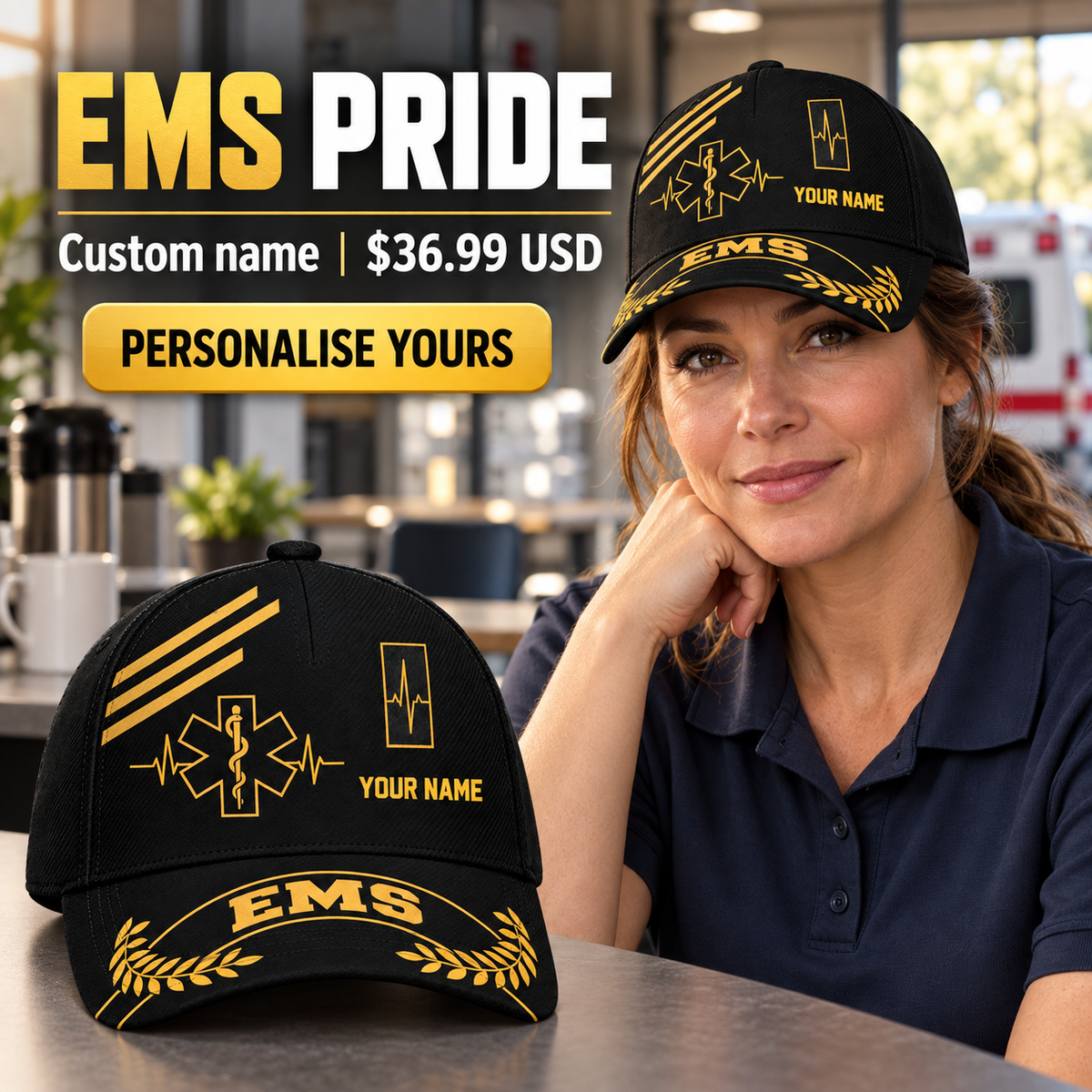 EMS wearing a personalized Asymmetric Gold baseball cap with custom name