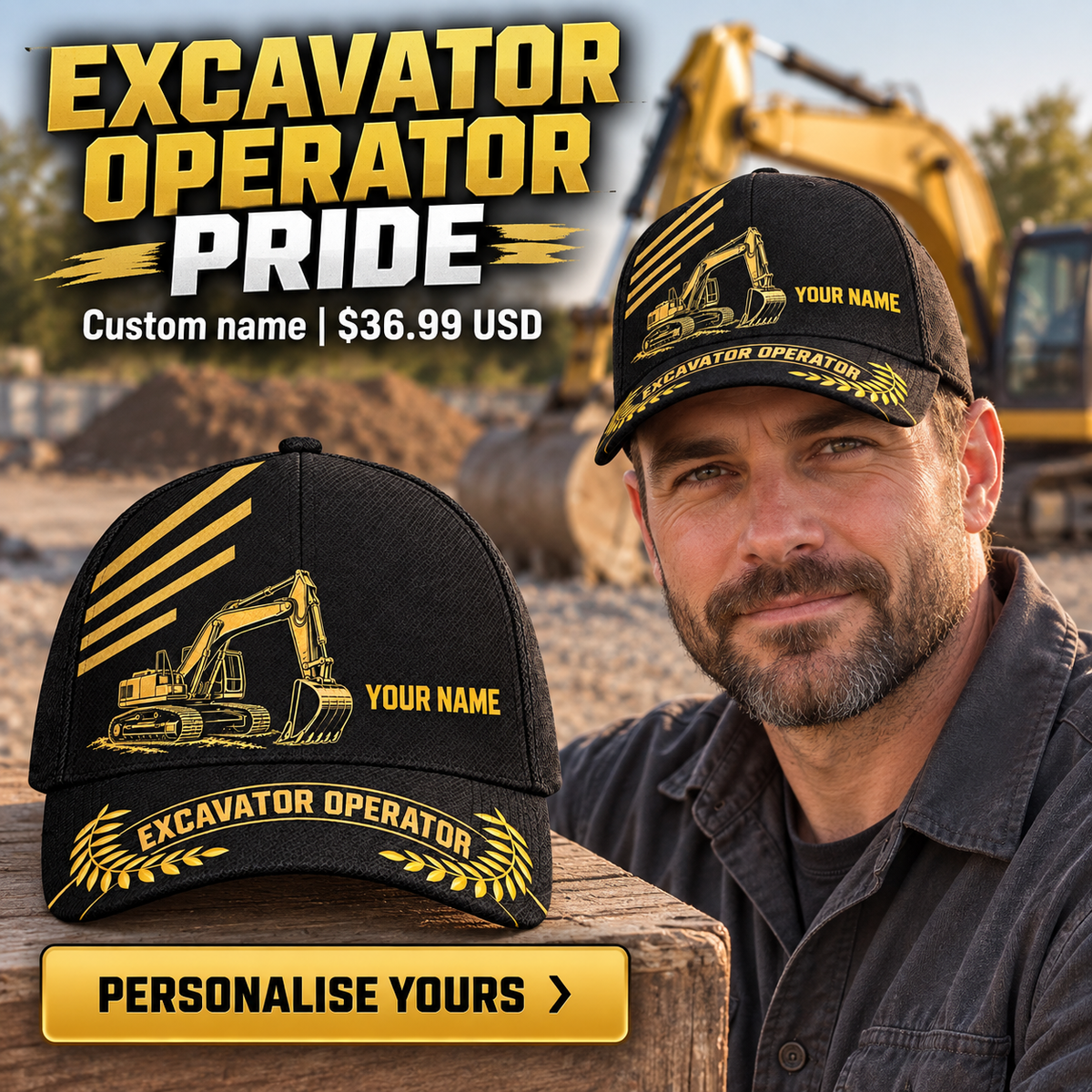 Excavator Operator wearing a personalized Asymmetric Gold baseball cap with custom name